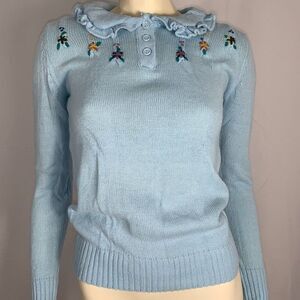 Vintage 60’s Woolco Stroller Light Blue Floral Embroidered Knit Sweater Size Sma
